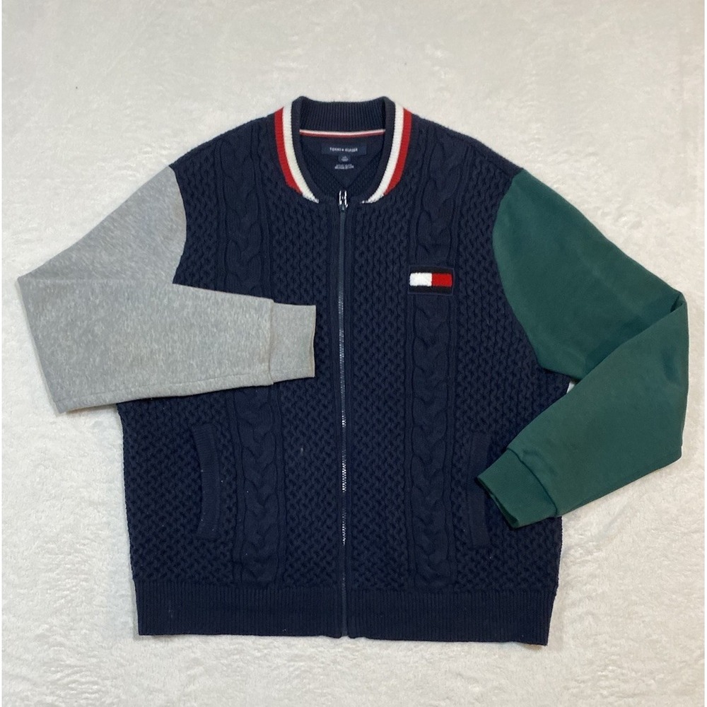 TOMMY HILFIGER Mens Sweater L Blue Full Zip Wool Blend Cable Knit Color Block
